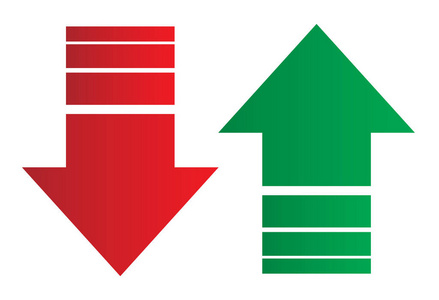 简单向上和向下箭头。向上, 向下箭头在绿色和红色被隔绝在白色背景, 设置二。平式 eps 10 矢量插画