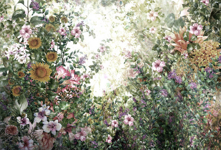 抽象的七彩花朵水彩画。春天