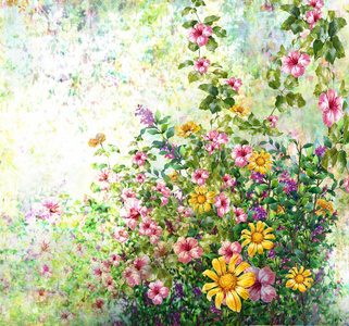 抽象的七彩花朵水彩画。春天
