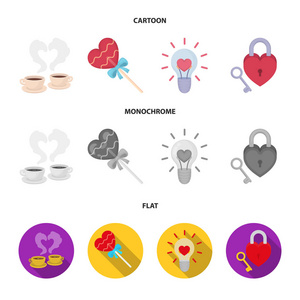 咖啡杯, 情人节, 台灯, 钥匙锁。浪漫集合图标在卡通, 平, 单色风格矢量符号股票插画网站