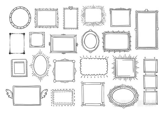 手工绘制的框架复古涂鸦素描画框用手向量集绘制空白黑方干部草图