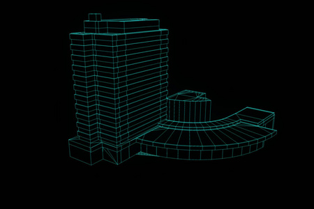 线框全息图风格的建筑。漂亮的 3d 渲染