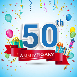 第五十周年庆典设计, 带礼品盒和气球, 红丝带, 彩色矢量模板元素为您的九十五生日庆祝聚会