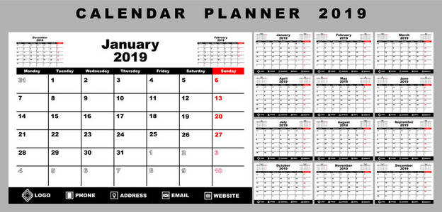 日历规划器2019。在白色背景黑色和红色对象上