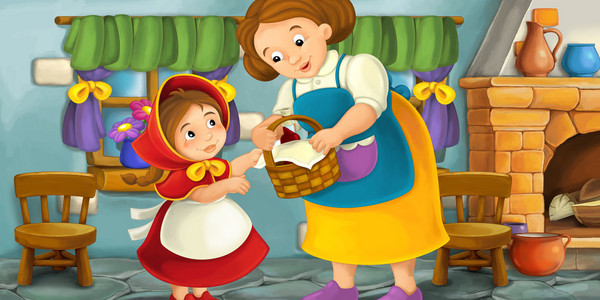 卡通场景的母亲或祖母和一个小孩在厨房