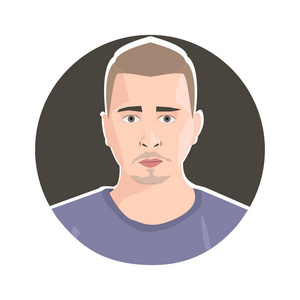 在蓝色 t恤衫上刮胡子的男性平面头像.详细的人像.矢量插图照片