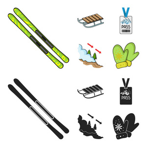 滑雪, 雪橇, 救生员徽章, 徽章雪崩。滑雪胜地集合图标在卡通, 黑色风格矢量符号股票插画网站