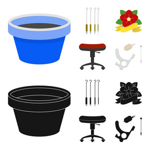 椅子上的滚筒, 针的纹身和其他设备。纹身集合图标在卡通, 黑色风格矢量符号股票插画网站