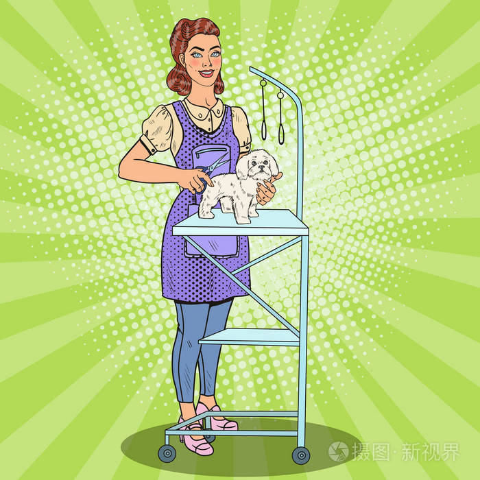 宠物犬训练.女人用剪刀的美容师.波普艺术矢量图