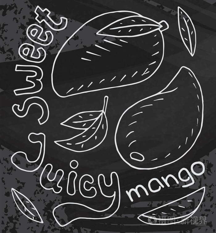 多汁的芒果夏日异国情调的食物美丽的手画在黑板背景上的水果插图