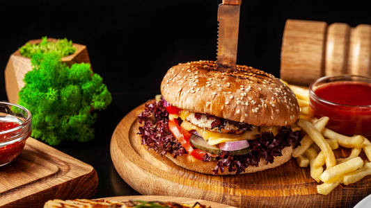 美国快餐, 汉堡, 炸薯条, 肉和鸡肉牛排.背景图像.一套几道菜.