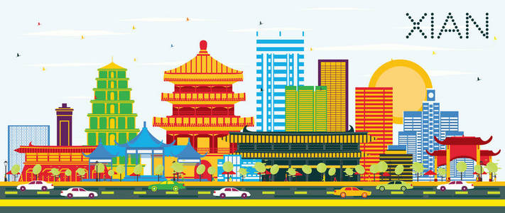 西安中国天际线, 色彩建筑和蓝天。矢量插图。商务旅游和旅游概念与历史建筑。西安城市景观与地标