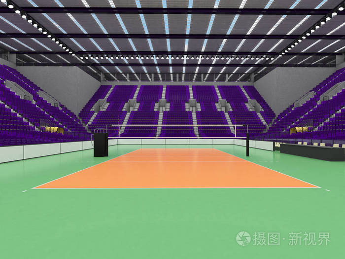 漂亮的现代排球场,有紫色的座位和贵宾包厢