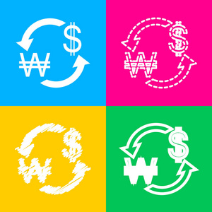 货币汇率的标志。我们和韩国韩元美元。四种风格的上四个颜色的方块图标