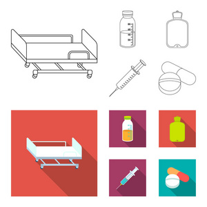溶液, 暖和, 注射器, 药片。医学集合图标轮廓, 平面式矢量符号股票插画网