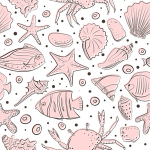 与贝壳, 海星, 平静, 石头无缝模式。海洋海滩风格设计的矢量集。粉红色异国情调水下