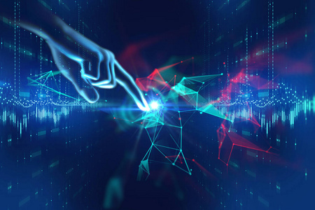 3d 插图的手触摸未来科技设计元素代表多点触控技术的姿态照片