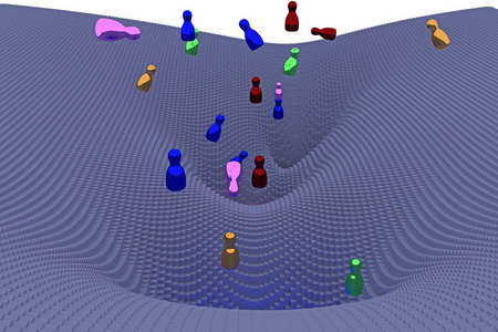 3d 自由下落, 光滑的图 转动的身体 的例证在漏斗形状的风景由数以百计的长方体与正方形基地组成