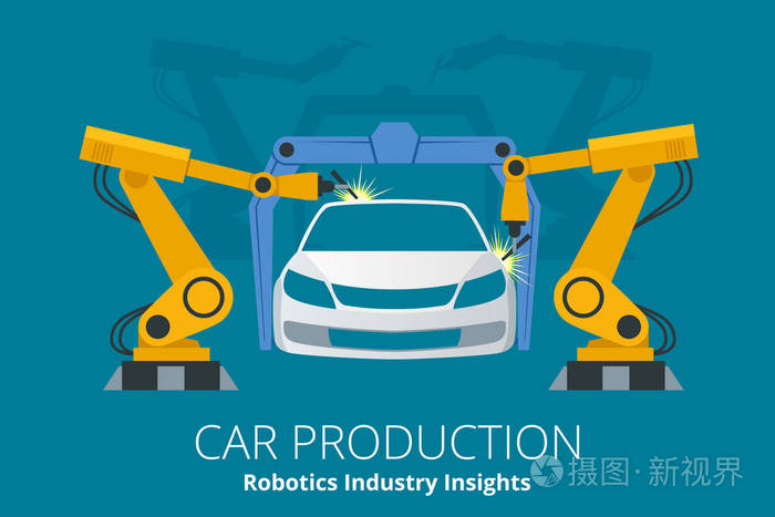 汽车制造商或生产的汽车的概念.机器人行业的见解