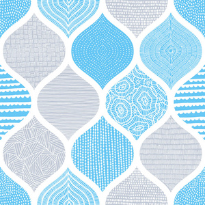 可爱的蓝色和白色图案。纺织品的夏天印刷品。手工绘制的波浪状装饰品。矢量插图