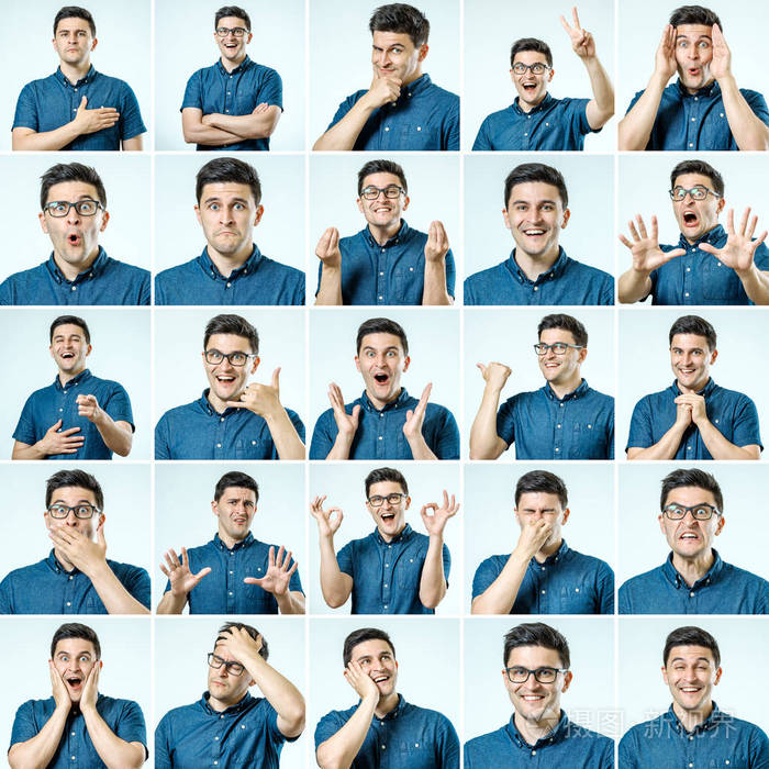 组的年轻男人的肖像与不同的情感和孤立的手势