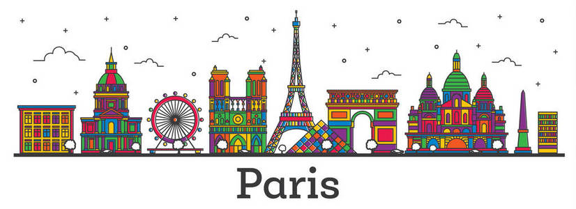 概述巴黎法国城市天际线与颜色大厦隔绝在白色。矢量插图。具有地标的巴黎城市景观