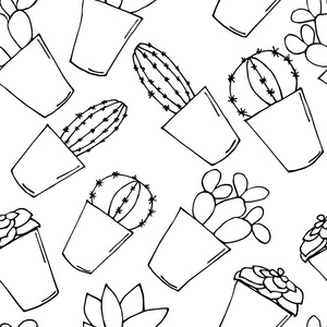 无缝模式用一只手在花盆中绘制仙人掌。矢量图
