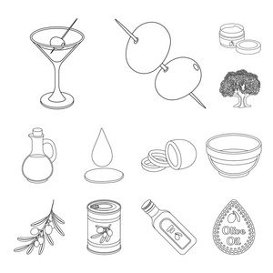 橄榄, 食物轮廓图标集合中的设计。橄榄油, 调味矢量符号股票网页插图
