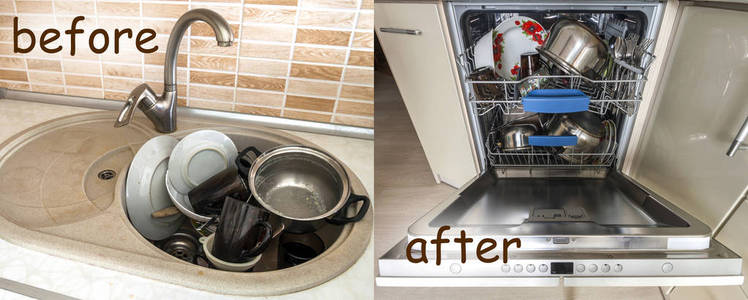 与厨房用具 餐具 盘子的脏接收器。打开洗碗机无线