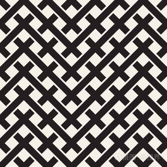 无缝的方式交织而成编织的交叉条纹格子的背景黑色和白色几何矢量图