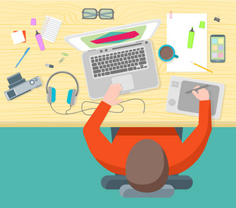 室内设计师图标卡通室内设计师工作流元素集.矢量照片