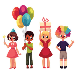组的孩子们在生日聚会上，拿着礼物和气球