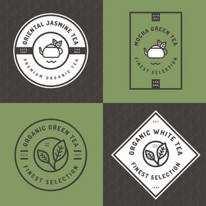 组的茶标志 徽章 旗帜 奶茶店的直线型，叶无缝图案背景的象征。有机茶包装设计。矢量图