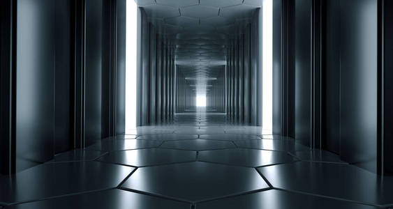 黑暗未来的现代科幻反光走廊与反光六角地板和天花板和侧面灯3d 渲染插图
