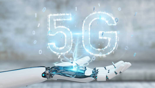 使用5g 网络数字全息图3d 渲染的白色机器人手在模糊背景上