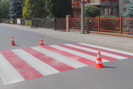 交叉装饰的行人过路处仍未干红。道路标志对交通的限制。更新道路行人标志。灰色沥青上的发光漆。男人在工作