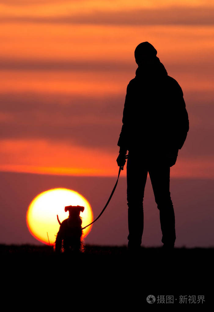 人与狗在日落时的剪影