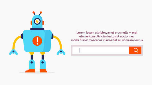 搜索 web 窗体 Ui Ux 设计 web 横幅与可爱的机器人在简单的形状平面设计风格。带有按钮和搜索输入的向量 web 窗体