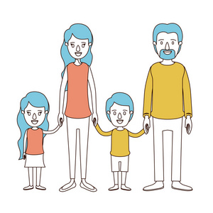 与家长和儿童采取手漫画色彩节和蓝头发的家庭组