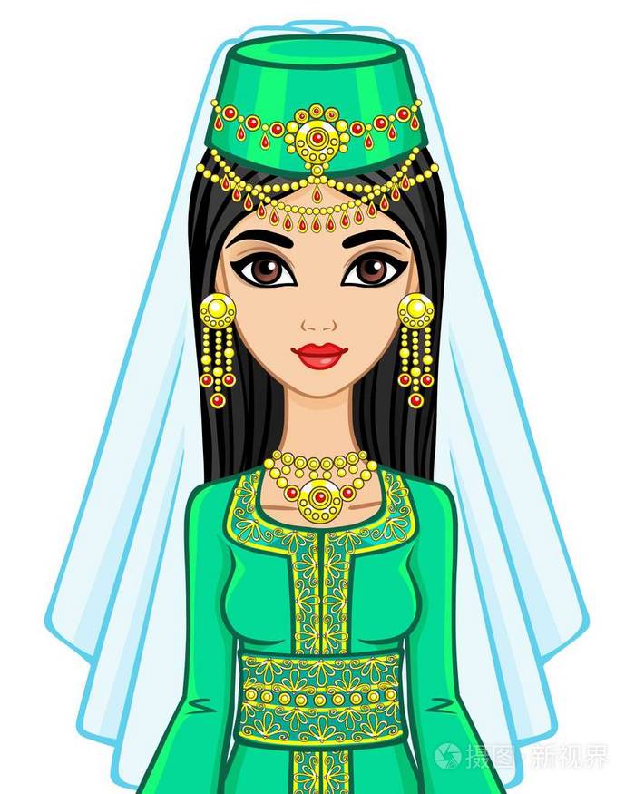 阿拉伯女人穿着古代的衣服的动画画像.孤立在白色背景上的矢量图
