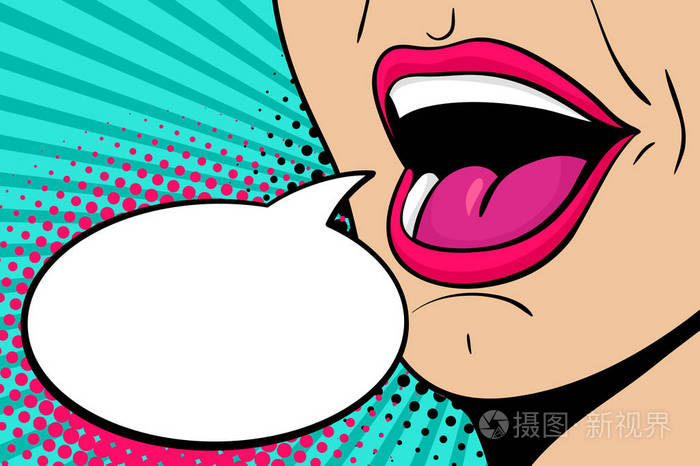 性感女张嘴尖叫公告和空洞的讲话泡沫.矢量漫画复古波普艺术风格在明
