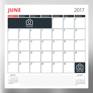 2017 年 6 月的日历计划模板。周从星期日开始。设计打印矢量模板上模糊背景孤立