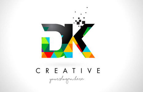 Dk D K 字母徽标与彩色三角形纹理设计矢量