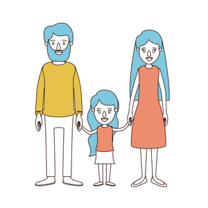 漫画色彩节和蓝色的头发，留着胡子的父亲的家庭和妈妈与采取手的小女孩的长发