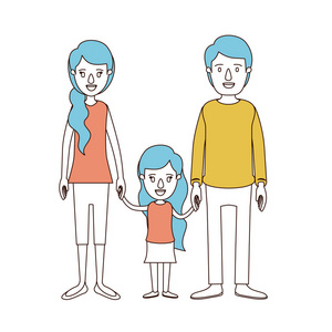 侧马尾辫头发与采取手的小女孩的家人与年轻的爸爸和妈妈蓝色头发和漫画色彩节