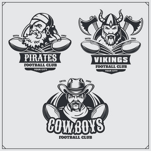 足球徽章 标签和设计元素。体育俱乐部标志与海盗 牛仔和维京