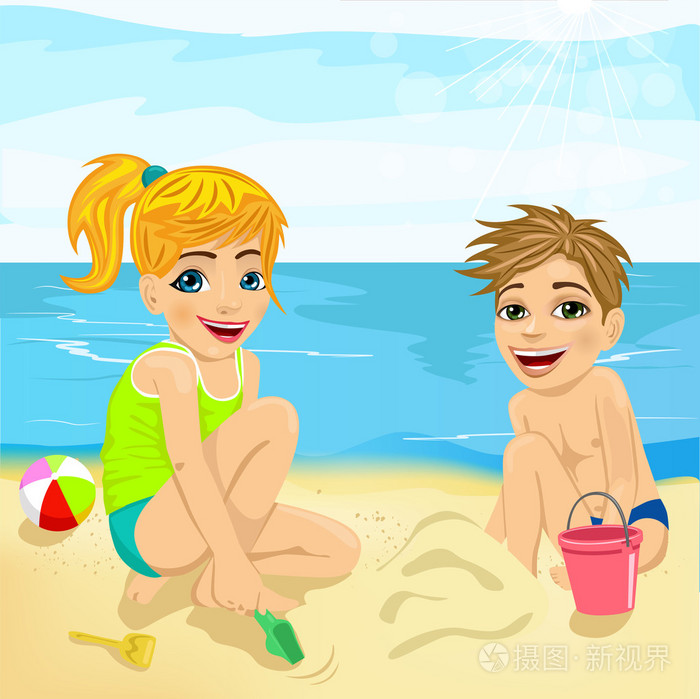 儿童画沙滩大海玩沙子图片