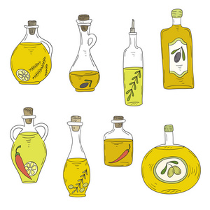 手绘瓶油和橄榄照片