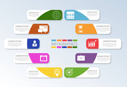 矢量图。模板与十个彩色几何数字的矩形为图表 业务 演示文稿 网页设计 发射与 10 个选项，步骤的概念。文本和图标