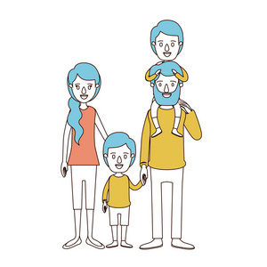 漫画色彩节和蓝头发的家庭父母与他的背部和女孩采取手的男孩